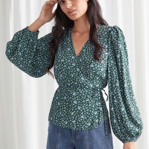 & Other Stories Green Floral Puff Sleeve Wrap Top